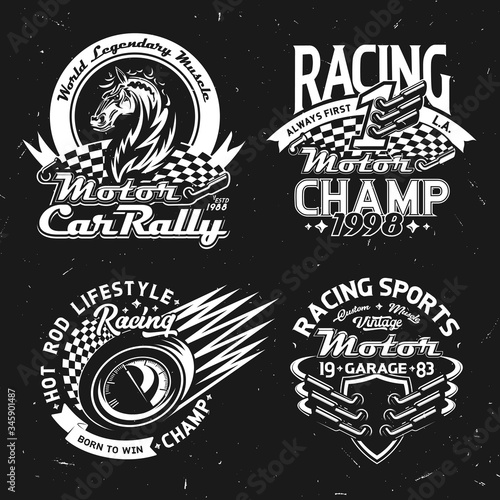 Car rally, racing and motorsport championship vector icons and t-shirt prints. Muscle cars race symbols with checkered flag, mustang horse and speedometer, vehicle wheel and champion stars