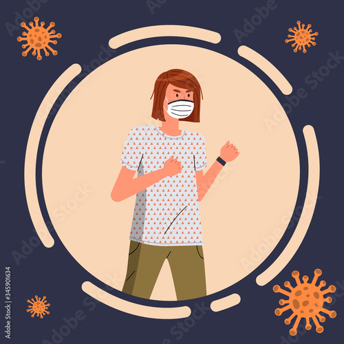 Cartoon avatar of young woman wearing face medical mask isolated in circle, flying virus pathogen around. Brunette female show fight gesture to virus spreading. Cartoon character in flat vector style