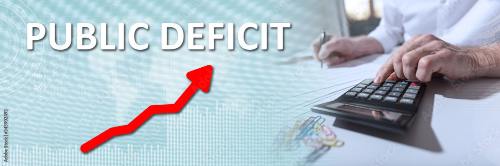 Concept of public deficit increase with businessman using calculator at office Concept of public deficit increase with businessman using calculator at office