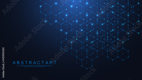 Hexagons abstract grid background with connected lines and dots. Hex digital pattern with subtle polygons. Linear geometric texture. Hexagonal vector illustration.