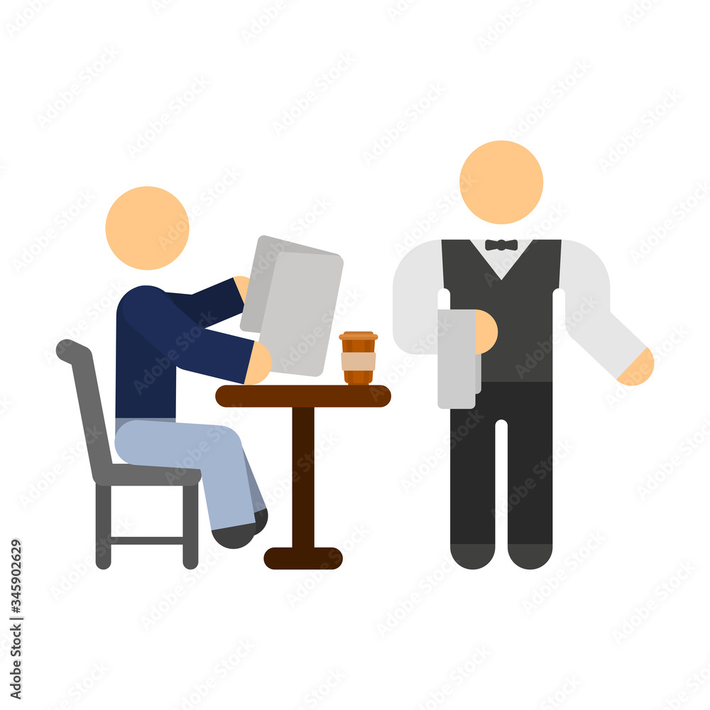 A simple image of a man sitting at a table with a cup of coffee, who is reading a magazine and a waiter near him. Isolated vector illustration on a white background. A simple image of a man sitting at a table with a cup of coffee, who is reading a magazine and a waiter near him. Isolated vector illustration on a white background.