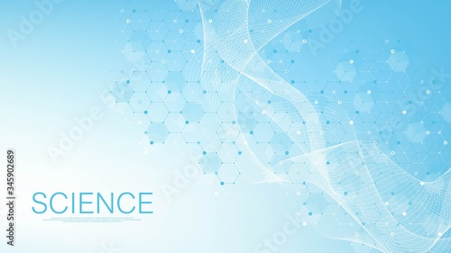 Scientific molecule background for medicine, science, technology, chemistry. Science template wallpaper or banner with a DNA molecules. Dynamic wave flow DNA. Molecular vector illustration.