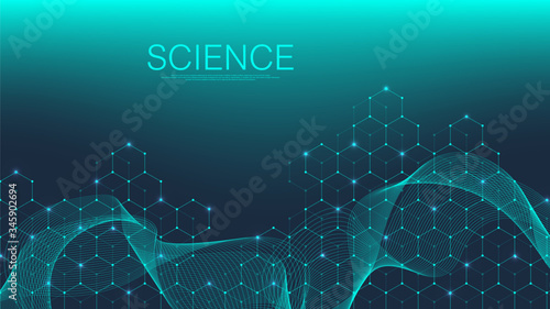 Scientific molecule background for medicine, science, technology, chemistry. Science template wallpaper or banner with a DNA molecules. Dynamic wave flow DNA. Molecular vector illustration.