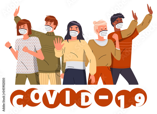 Guys and girls wearing face protective medical masks protesting to stop world epidemic. Group of people call to stop spreading coronavirus. Concept of covid19. Vector banner in flat style with text