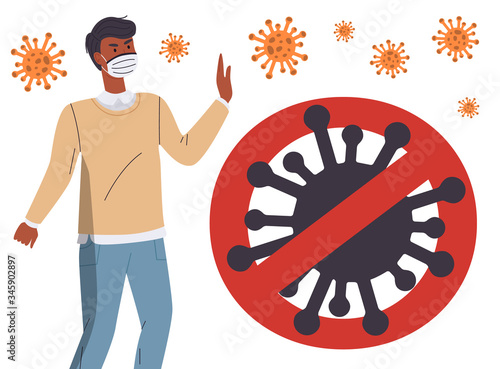 Black man wearing medical mask show stop gesture to huge crossed out sign with virus. Stop world epidemy of spreading virus. Man at the background of flying virus pathogen. Cartoon vector style