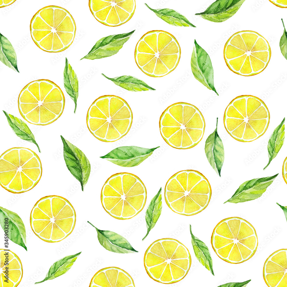Lemon slices with leaves on white background. Seamless watercolor illustration. Design for fabric, scrapbooking, packaging paper, wallpaper, wrapping