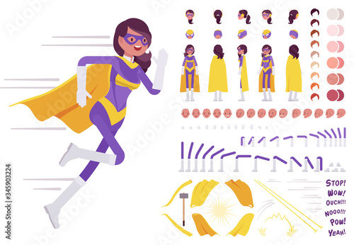 Female super hero in attractive costume construction set with motion, sound effects. Beautiful wonder warrior, superpower brave woman in her perfect skills. Cartoon flat style infographic illustration