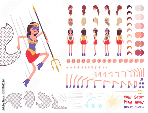 Female super hero in effective costume construction set with motion, sound effects. Attractive wonder warrior, superpower sexy woman and her trident weapon. Cartoon flat style infographic illustration