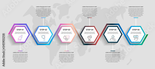 Vector business infographics. Timeline modern with six hexagons. Used for web design, marketing advertising, workflow layout, annual report, presentation
