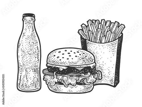 Fastfood burger drink French fries sketch engraving vector illustration. T-shirt apparel print design. Scratch board imitation. Black and white hand drawn image.