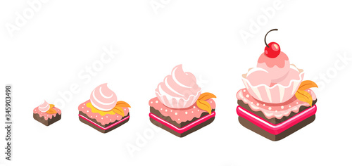 Cakes sizes. Dessert reward. Pastry of different. Fancy cake. Development stage. Animation progression. Vector infographic illustration. Isometric view.