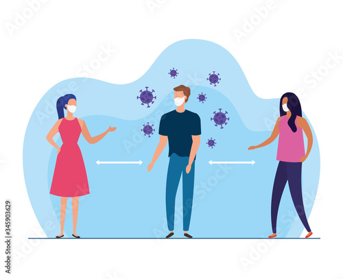 people using face mask and social distancing for covid19 vector illustration design