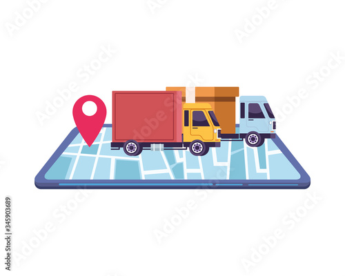 smartphone with delivery application and trucks