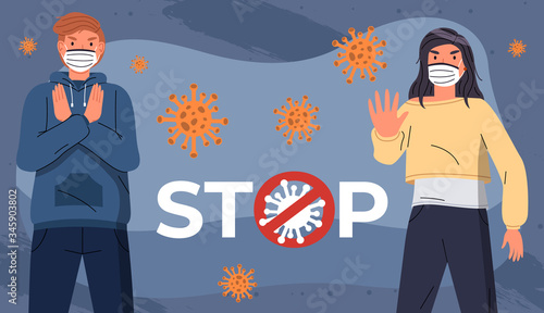 Young guy and girl wearing medical masks protesting against world epidemic at the background of flying virus and stop sign. Concept of coronavirus spreading. People show stop gesture, crossed out sign
