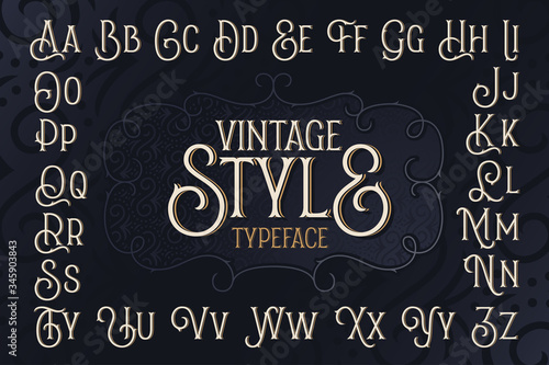 Vintage style typeface set with dark blue decorative ornate background photo