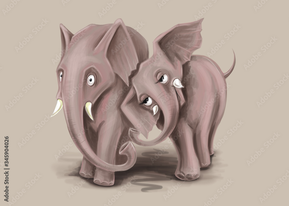 Fototapeta premium Elephants in love. Flirting. Digital illustration, cartoon. Character designe