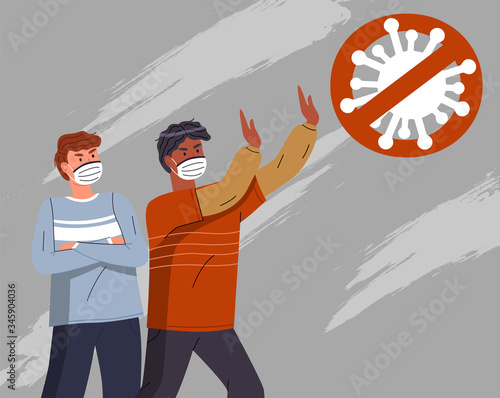 Two young mix race men wearing face medical masks show stop gesture to crossed out virus sign. Attention to world pandemy. People protesting against spreading virus pandemic. Cartoon characters