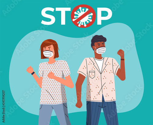 Black man and caucasian woman protesting against coronavirus. People in medical masks call to fight with epidemic, show stop gesture and protesting against covid-19. Crossed out sign with virus