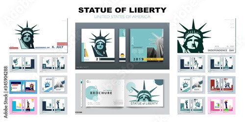 Statue of Liberty Set of brochure cover design template. Geometric multicolored flat design. New York. First page layout. Banner booklet, album poster. Annual report title. Ad text vector illustration