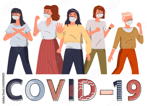 Crowd of women in face protective medical masks protesting against world epidemy. Group of characters call to stop spreading virus. Concept of covid-19. Stop gesture, cartoon vector characters