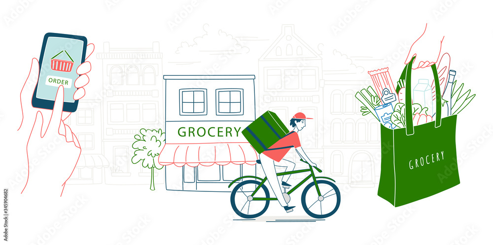 Mobile app to order grocery. Courier delivering. Background city landscape
