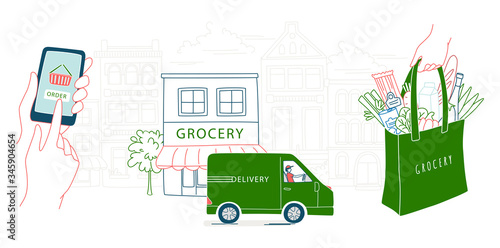 Mobile app to order grocery. Courier delivering. Background city landscape