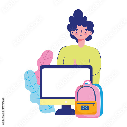education online, boy student computer and backpack cartoon