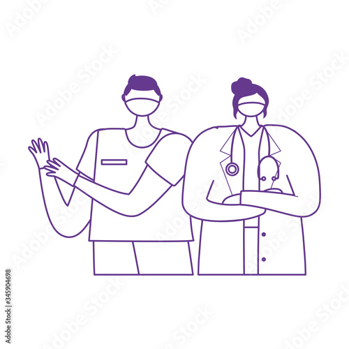 thanks doctors nurses, female physician and nurse with protective mask medical