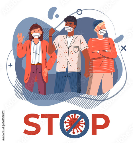 Young multinational people wearing face medical masks protesting against world epidemic at background of blue vector elements. Stop spreading coronavirus. Crossed out sign. Cartoon characters