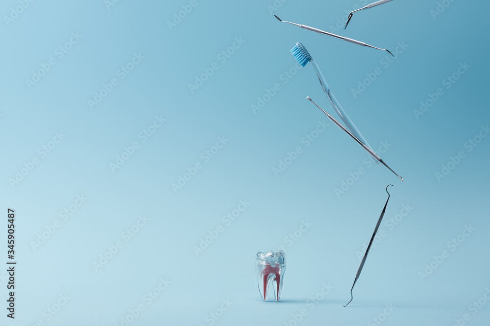 Dental stainless equipment, toothbrush and artificial plastic tooth on blue background