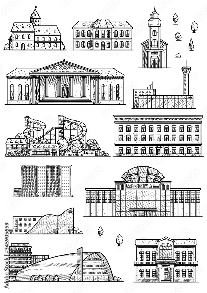 Fototapeta premium City map elements illustration, drawing, engraving, ink, line art, vector