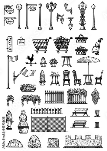 City map elements illustration, drawing, engraving, ink, line art, vector