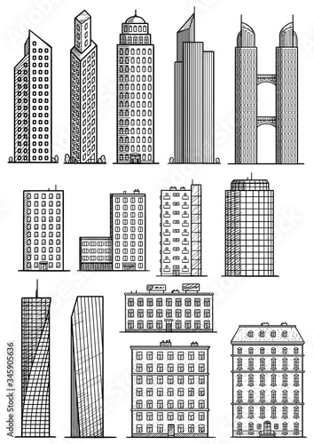 City map elements illustration, drawing, engraving, ink, line art, vector