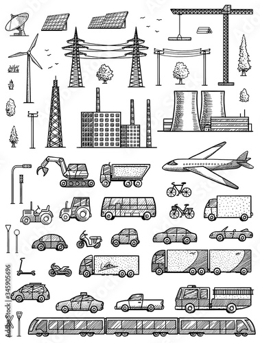 City map elements illustration, drawing, engraving, ink, line art, vector
