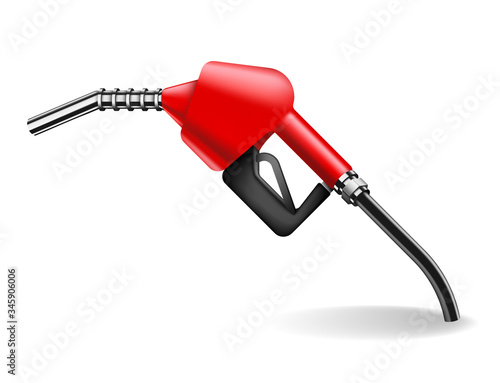 Red gasoline pump nozzle isolated on white. Car fueling equipment vector illustration in realistic style. Power and energy