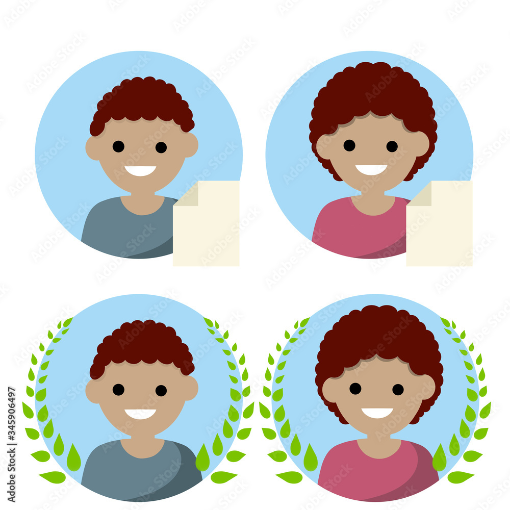 Set of avatars of man and woman in circle. New file icon. Guy and girl. Social network elements and applications. Happy face of character. Cartoon flat illustration. Green Laurel wreath of winner Set of avatars of man and woman in circle. New file icon. Guy and girl. Social network elements and applications. Happy face of character. Cartoon flat illustration. Green Laurel wreath of winner