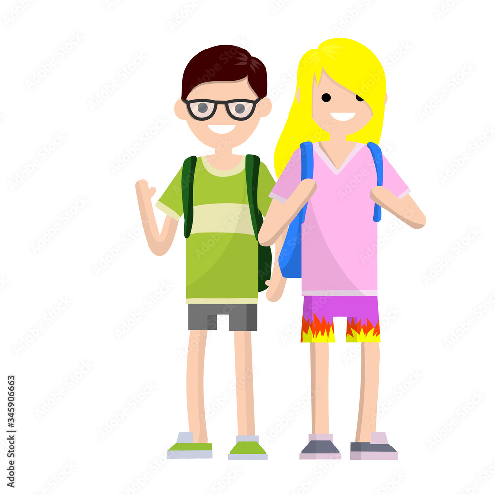 Couple in summer clothes. Students boyfriend and girlfriend with backpacks. Travelers man and girl. Communication friends. Cartoon flat illustration. Couple in summer clothes. Students boyfriend and girlfriend with backpacks. Travelers man and girl. Communication friends. Cartoon flat illustration.
