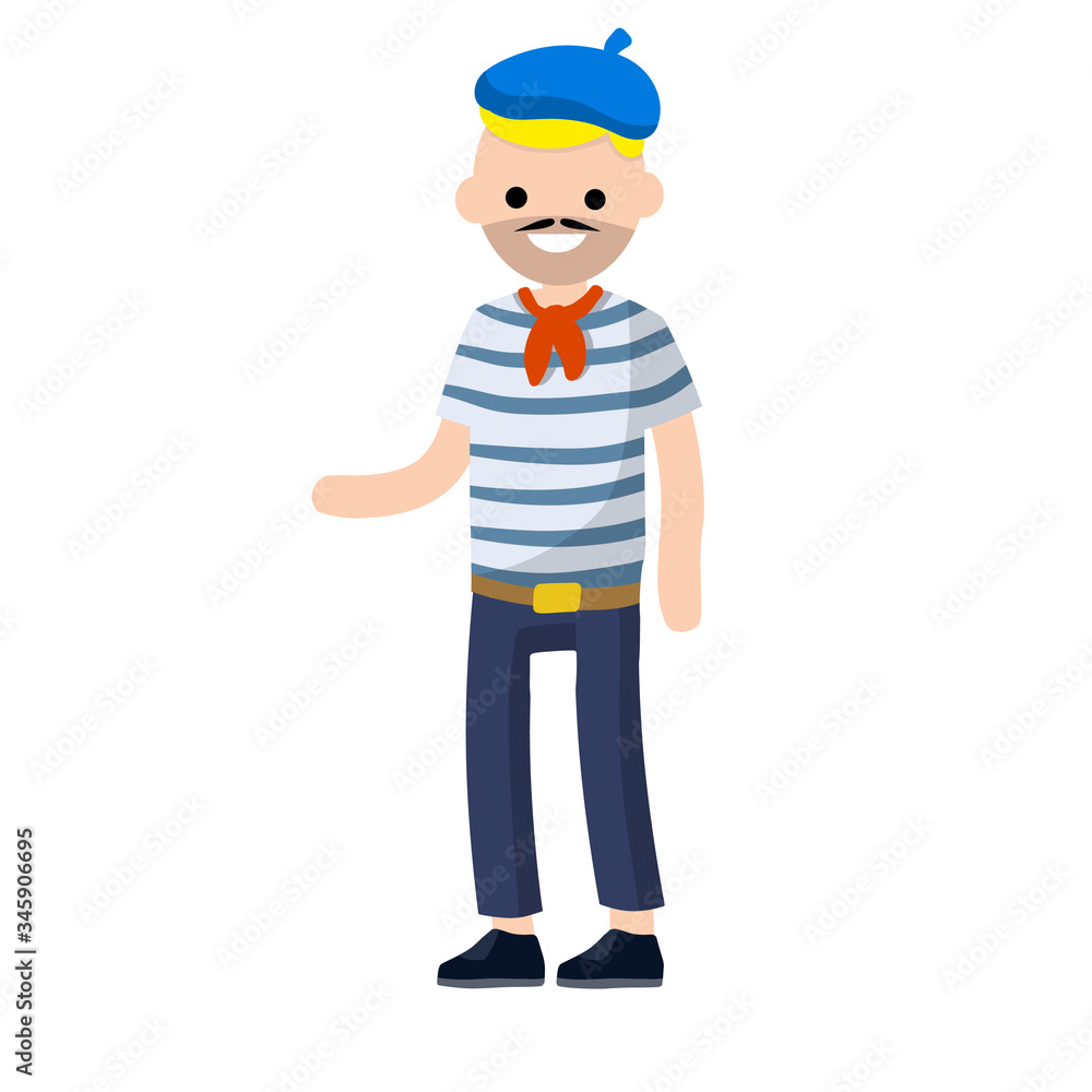 French man in blue striped clothes and red beret waving his hand. Typical resident of Europe. Cartoon flat illustration. Guy stand.