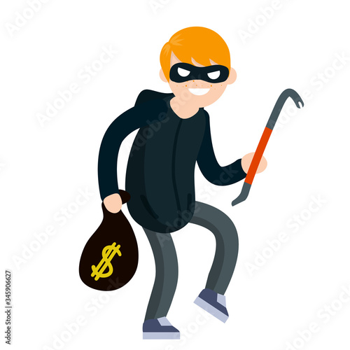 Thief with crowbar. Male offender sneaks. Cartoon flat illustration. Criminal problem. Man robber in black with mask with bag money