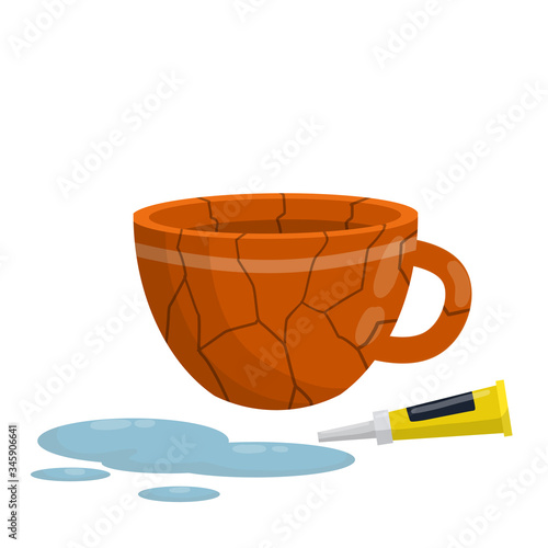 Glued broken Cup. Glue and puddle of water. Repair of red dishes. Careless handling of item. Cartoon flat illustration isolated on white