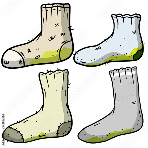 Dirty sock. Smelly feet. Sloppy clothes. Stinky toe. Grey Object for washing. Cartoon flat illustration. Green wave. The bad stench