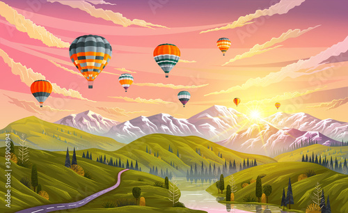 Colorful hot air balloons flying over mountain. Traveling, planning summer vacation, tourism and journey objects. Balloons in sky against backdrop of mountains with sunset or sunrise over green meadow