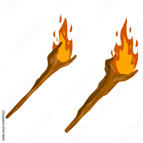 Torch on stick. Primitive weapon. Burning club. Cartoon flat illustration. old item for lighting. Fire and branch