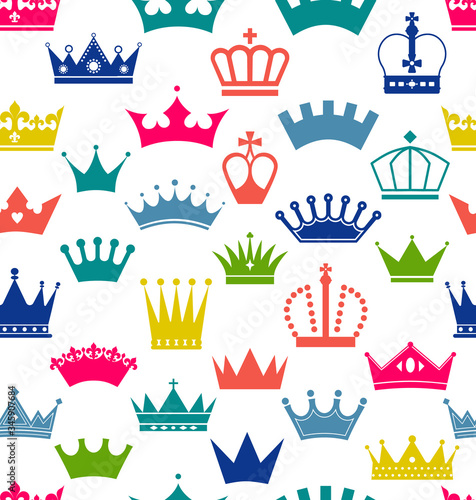 Retro seamless pattern of colors crowns on white background. Surface seamless print of coronas.