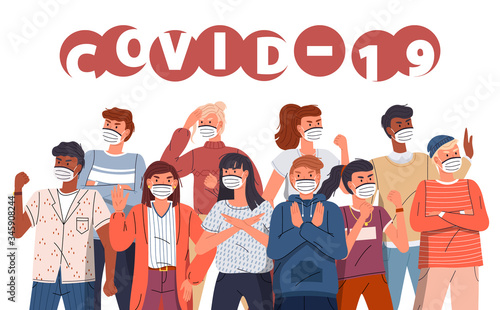Group of multinational men and women in medical masks protesting against world epidemy. Concept of coronavirus spreading. People show stop gesture and fighting with covid-19. Stay at home concept