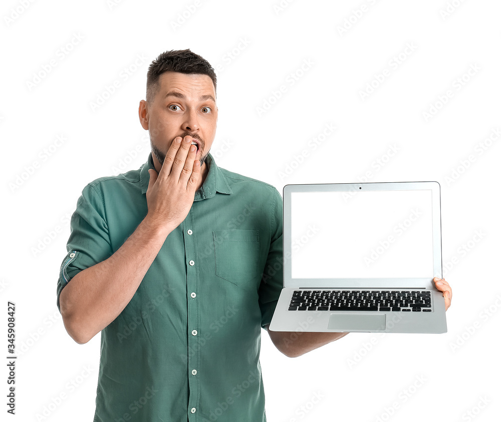 Surprised man with laptop on white background Surprised man with laptop on white background