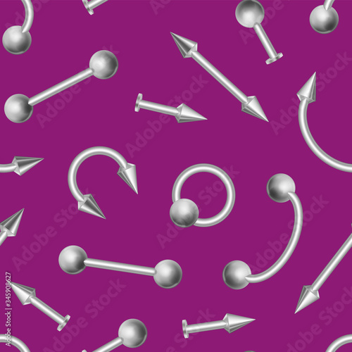 Realistic 3d Detailed Shiny Metal Piercing Jewelry Seamless Pattern Background. Vector