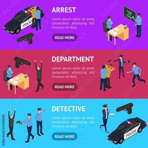 Character Policeman in Uniform Concept Banner Horizontal Set 3d Isometric View. Vector
