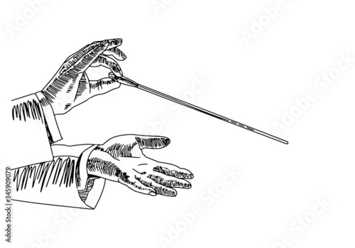 Vector sketch of the hands of the conductor who conducts the orchestra isolated on a white background