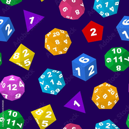 Color Polyhedron Dice with Numbers Seamless Pattern Background. Vector